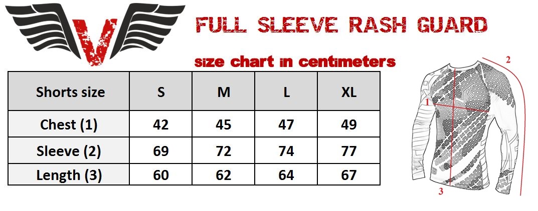 VNK Contact Rash Guard Red with long sleeve size chart